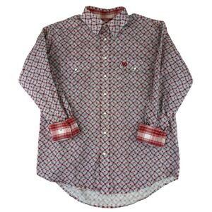Panhandle Select Western Pearl Snap Shirt Mens Large Red Blue Geometric Pinwheel